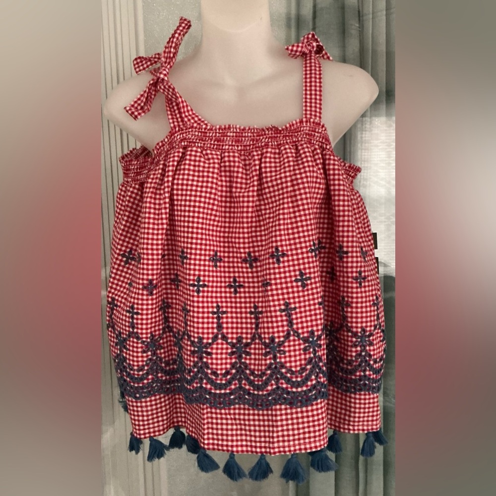 Crown & Ivy Gingham Tassel Trim Bow Tie Strap Tank
